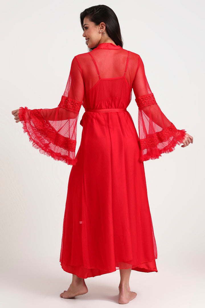 AXTZH Sophisticated and Alluring Nightwear Ensemble Featuring a Full-Length Gown with Sheer Accents X5101-CRIMSON-F22S