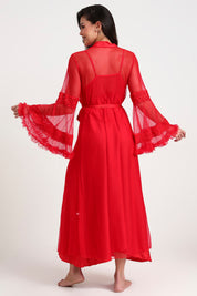 AXTZH Sophisticated and Alluring Nightwear Ensemble Featuring a Full-Length Gown with Sheer Accents X5101-CRIMSON-F22S