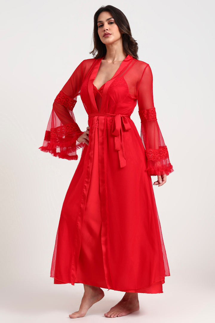 AXTZH Sophisticated and Alluring Nightwear Ensemble Featuring a Full-Length Gown with Sheer Accents X5101-CRIMSON-F22S