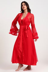 AXTZH Sophisticated and Alluring Nightwear Ensemble Featuring a Full-Length Gown with Sheer Accents X5101-CRIMSON-F22S