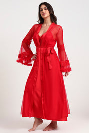 AXTZH Sophisticated and Alluring Nightwear Ensemble Featuring a Full-Length Gown with Sheer Accents X5101-CRIMSON-F22S