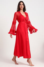 AXTZH Sophisticated and Alluring Nightwear Ensemble Featuring a Full-Length Gown with Sheer Accents X5101-CRIMSON-F22S