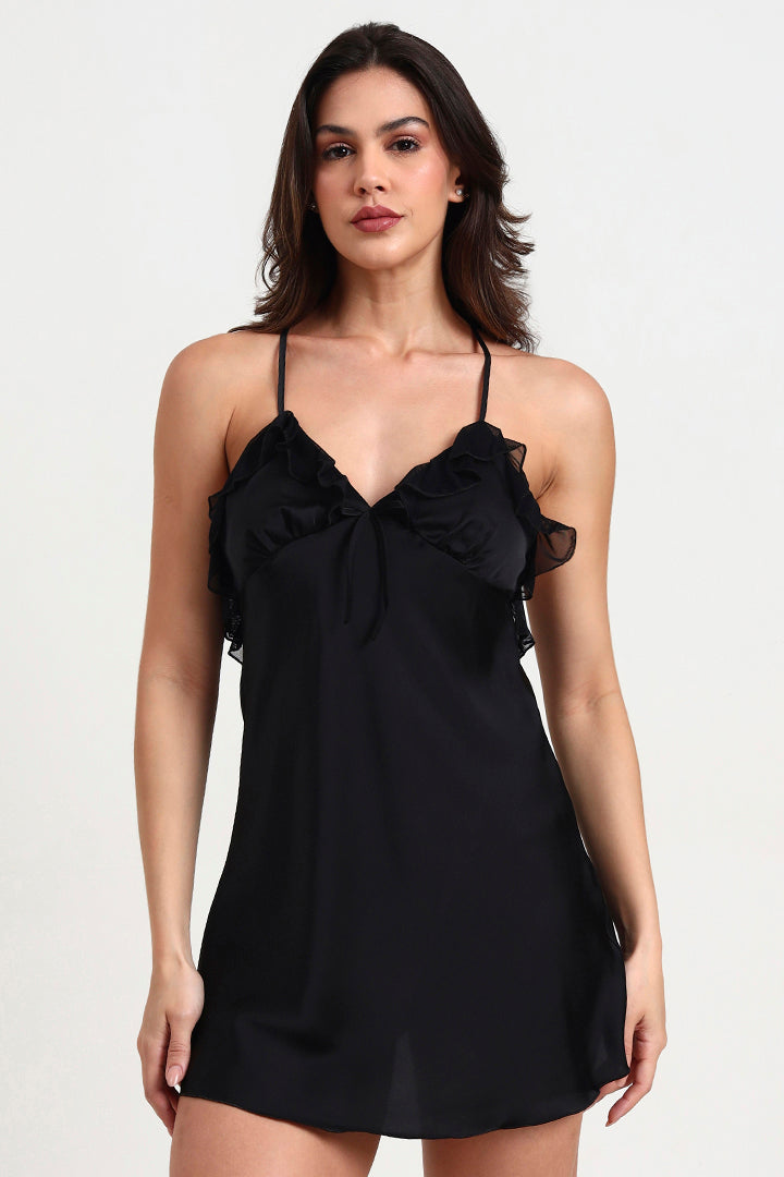 AXTZH Elegant Two-Piece Women’s Nightwear with Sheer Robe and Matching Inner Dress X0914-BLACK-F11S