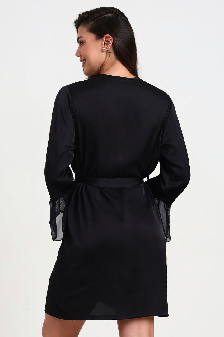 AXTZH Elegant Two-Piece Women’s Nightwear with Sheer Robe and Matching Inner Dress X0914-BLACK-F11S