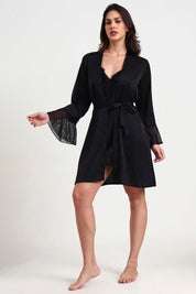 AXTZH Elegant Two-Piece Women’s Nightwear with Sheer Robe and Matching Inner Dress X0914-BLACK-F11S