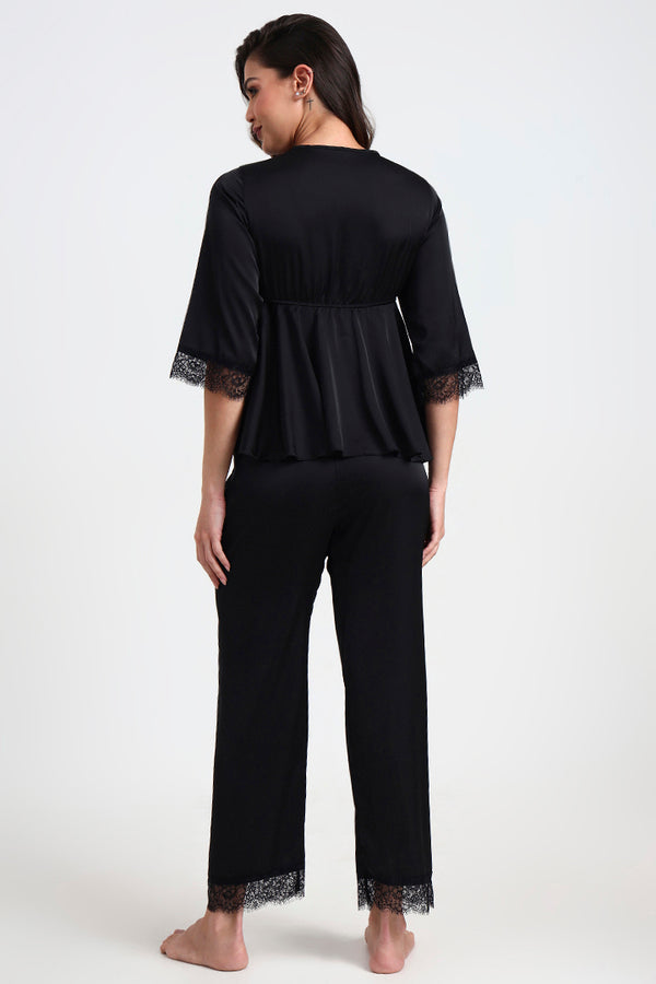 AXTZH Stylish and Comfortable Women’s Two-Piece Nightwear Set with Feminine Detailing X3835-BLACK-C9S