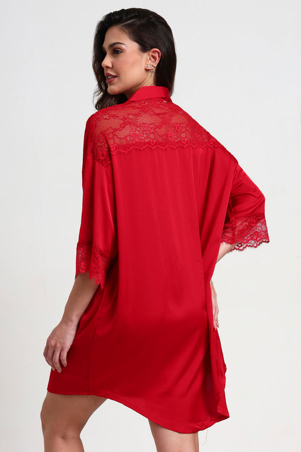 AXTZH Relaxed Fit Nightwear for Women with Shirt Collar and Soft Satin Finish X2654-SCARLET-G1S