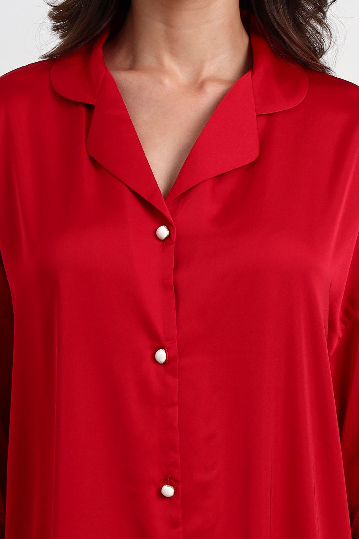 AXTZH Relaxed Fit Nightwear for Women with Shirt Collar and Soft Satin Finish X2654-SCARLET-G1S