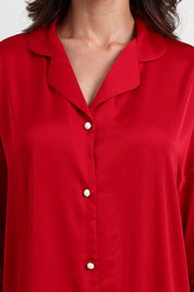 AXTZH Relaxed Fit Nightwear for Women with Shirt Collar and Soft Satin Finish X2654-SCARLET-G1S