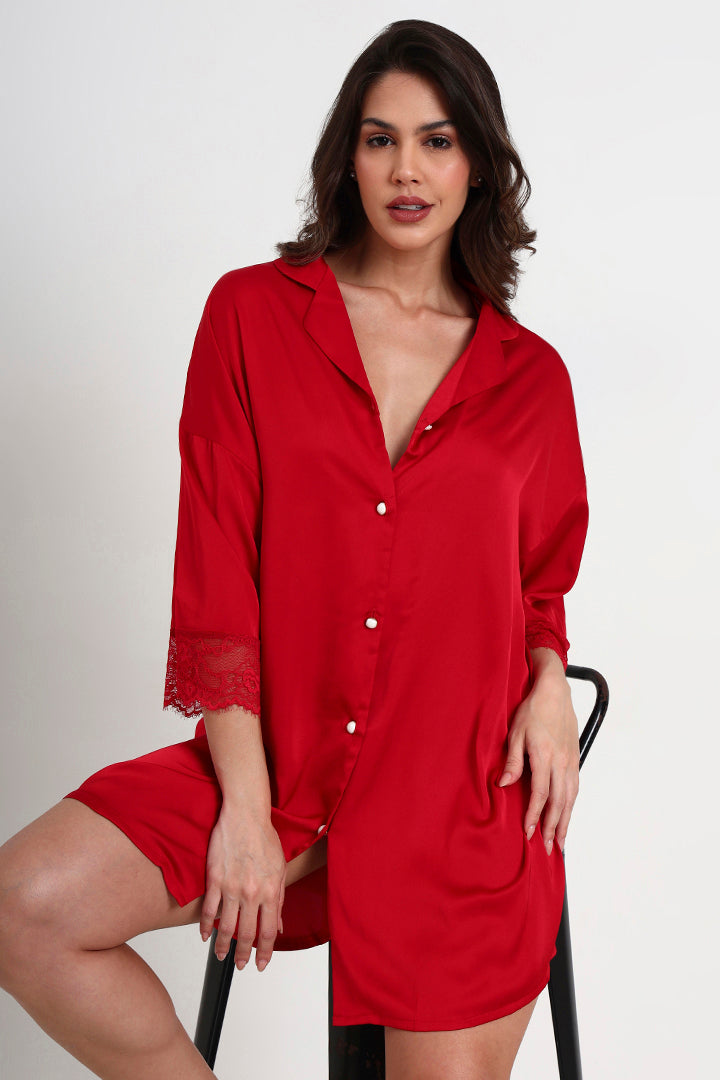 AXTZH Relaxed Fit Nightwear for Women with Shirt Collar and Soft Satin Finish X2654-SCARLET-G1S