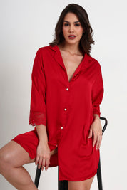 AXTZH Relaxed Fit Nightwear for Women with Shirt Collar and Soft Satin Finish X2654-SCARLET-G1S