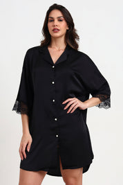 AXTZH Relaxed Fit Nightwear for Women with Shirt Collar and Soft Satin Finish X2654-BLACK-G1S