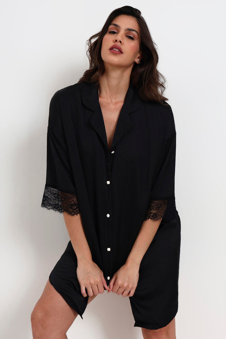 AXTZH Relaxed Fit Nightwear for Women with Shirt Collar and Soft Satin Finish X2654-BLACK-G1S