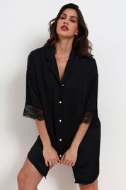 AXTZH Relaxed Fit Nightwear for Women with Shirt Collar and Soft Satin Finish X2654-BLACK-G1S