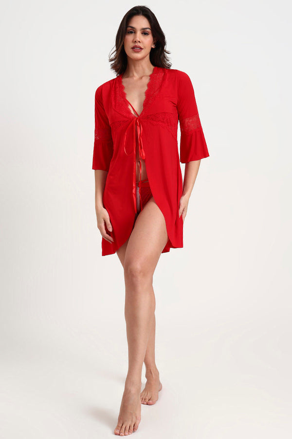 AXTZH Three-Piece Winter Nightwear Ensemble for Women Featuring Robe, Nightdress, and Intimate Inner Layer X2412-RED-BIK3PM