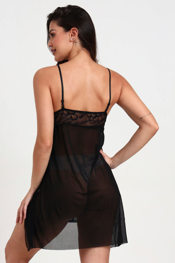 AXTZH Elegant Women’s Nightwear with Strappy Design and Delicate Sheer Finish X2677-BLACK-BS1P