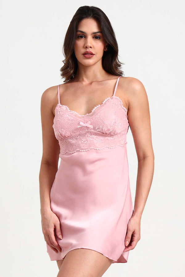 AXTZH Elegant One-Piece Nightwear for Women with Lace Accents and Delicate Detailing X3606-ROSE-F1S