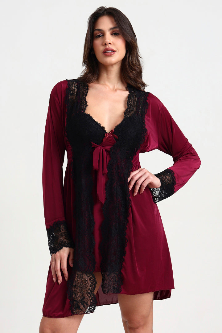 AXTZH Stylish Nightwear Duo with Flowing Outer Robe and Comfortable Inner Slip Dress X3233-WINE-F11M