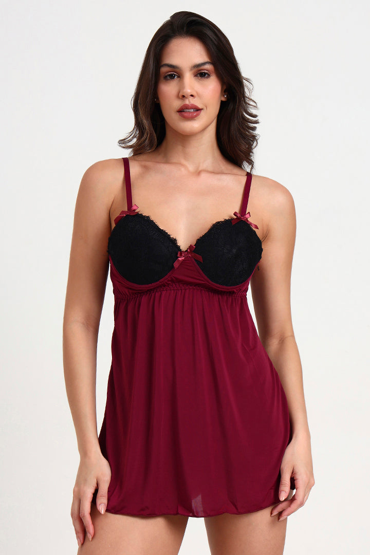 AXTZH Stylish Nightwear Duo with Flowing Outer Robe and Comfortable Inner Slip Dress X3233-WINE-F11M