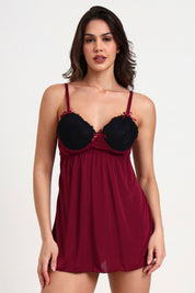 AXTZH Stylish Nightwear Duo with Flowing Outer Robe and Comfortable Inner Slip Dress X3233-WINE-F11M
