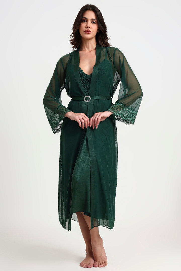 AXTZH Romantic Two-Piece Nightwear Set with Delicate Lace Sleeves and Slip X8801-BASIL-F22S