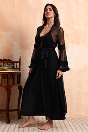 AXTZH Sophisticated and Alluring Nightwear Ensemble Featuring a Full-Length Gown with Sheer Accents X5101-BLACK-F22S
