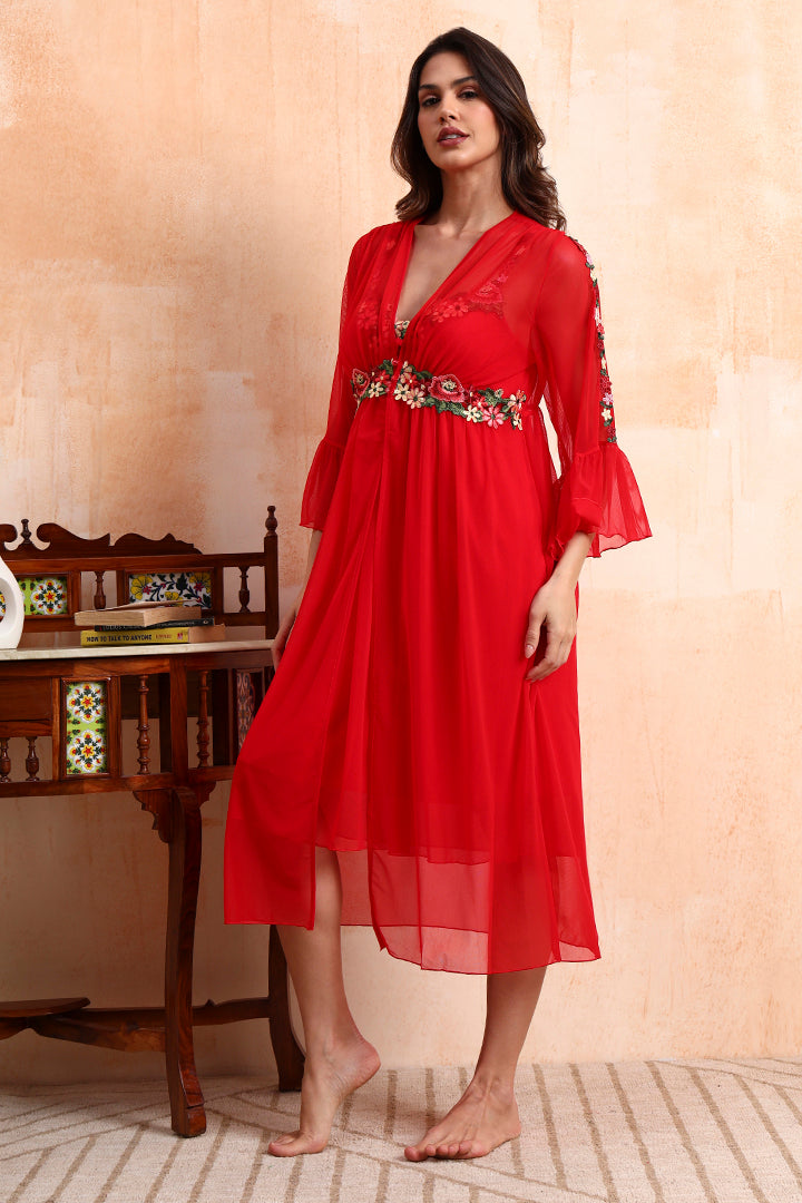 AXTZH Stylish Women’s Nightwear Set with Flared Sleeves and Embellished Waistline X0300-CRIMSON-F11N