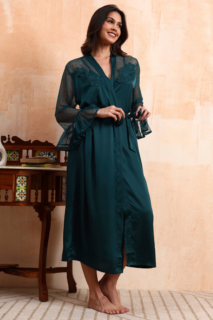 AXTZH Graceful Two-Piece Women’s Nightwear Set with Sheer Sleeves and Embroidered Detailing X2168-BGREEN-F12S