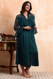 AXTZH Graceful Two-Piece Women’s Nightwear Set with Sheer Sleeves and Embroidered Detailing X2168-BGREEN-F12S