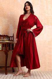 AXTZH Elegant Two-Piece Nightwear Set with Flowing Robe and Matching Inner Slip for Women X3052-SCARLET-F22M
