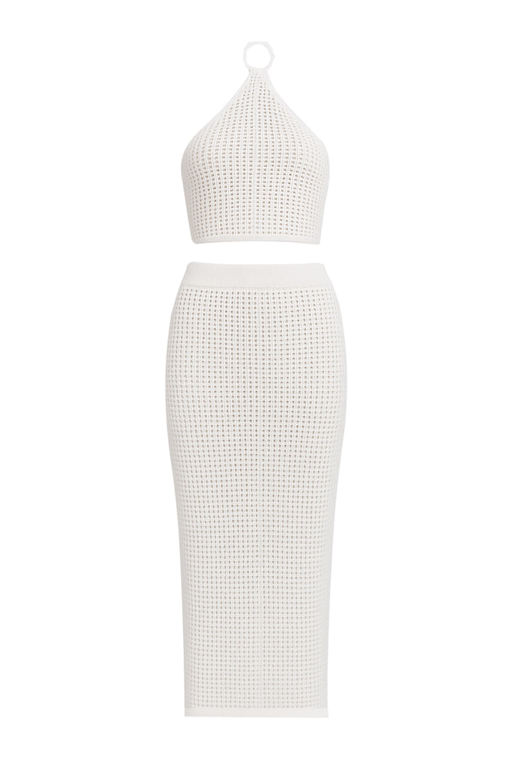 AXTZH Resort-Ready Crochet Fringe Outfit with Halter Tie Top and Long Tassel Skirt-X0381-WHITE-BW2PF