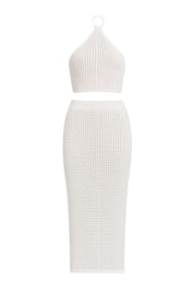 AXTZH Resort-Ready Crochet Fringe Outfit with Halter Tie Top and Long Tassel Skirt-X0381-WHITE-BW2PF