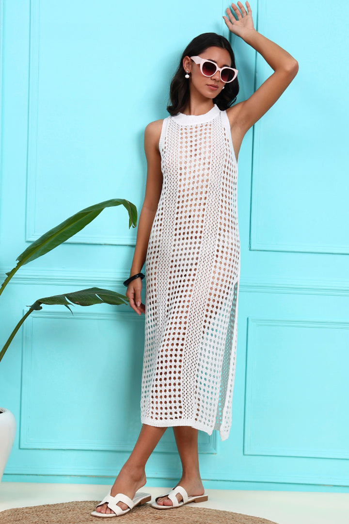 AXTZH  Lightweight Sarong-Inspired Beachwear with Open Weave Detailing-X4033-WHITE-SNGB1