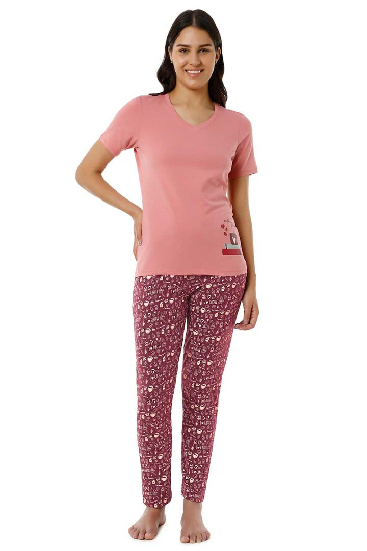 AMANTE SLB84501-BURGUNDY COFFEE PRINT FULL LENGTH PJ BOTTOM