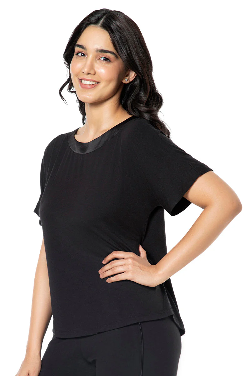AMANTE SLT10102-BLACK SATIN EDGE HALF SLEEVE ROUND NECK SLEEP TOP
