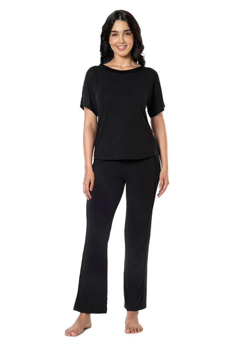 AMANTE SLT10102-BLACK SATIN EDGE HALF SLEEVE ROUND NECK SLEEP TOP