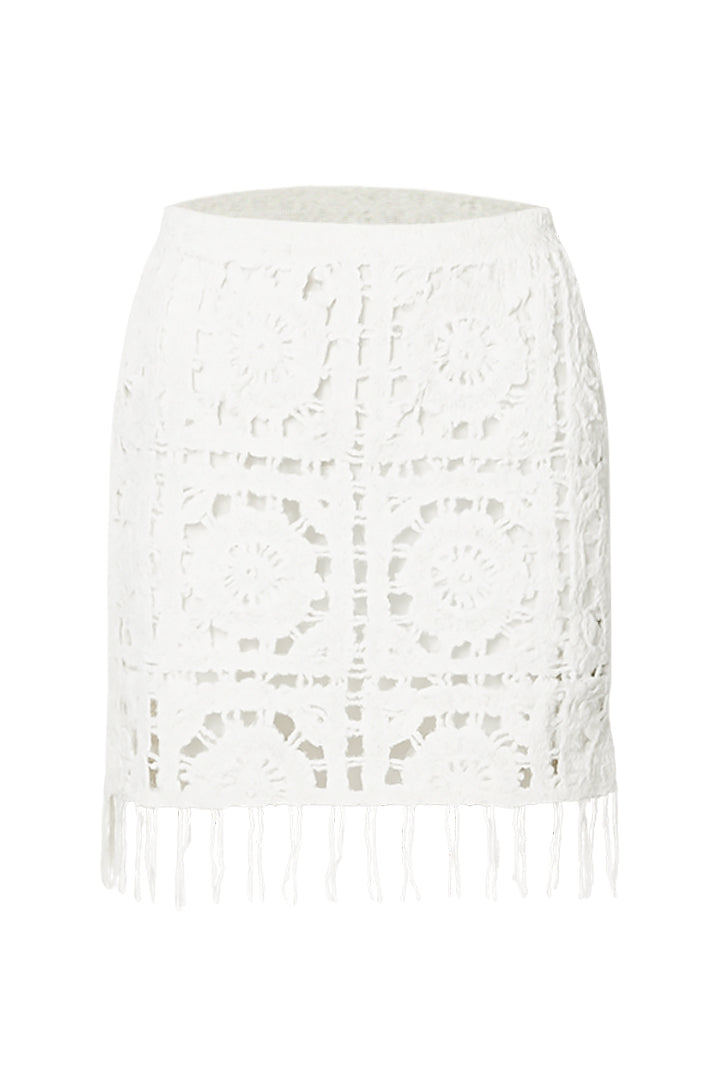 AXTZH Women’s Crochet Beachwear Skirt with Delicate Detailing and Fringe Hem-X2526-WHITE-BW1PSK