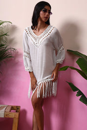 AXTZH Relaxed Fit Women’s Coverup with Embroidered Neckline and Chic Details-X3840-WHITE-SNGA1
