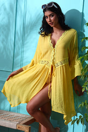 AXTZH Flowing Sarong-Inspired Beachwear Dress with Bell Sleeves and Tie-Up Waist-X0629-CORNSILK-SNGA2