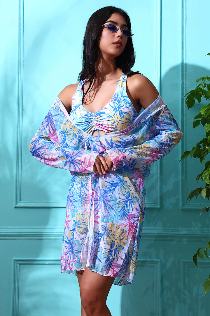 AXTZH 3-Piece Swimwear Set with Bikini, Matching Bottoms, and Sheer Hooded Cover-Up X1009-BLUPR-3PS