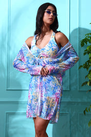 AXTZH 3-Piece Swimwear Set with Bikini, Matching Bottoms, and Sheer Hooded Cover-Up X1009-BLUPR-3PS
