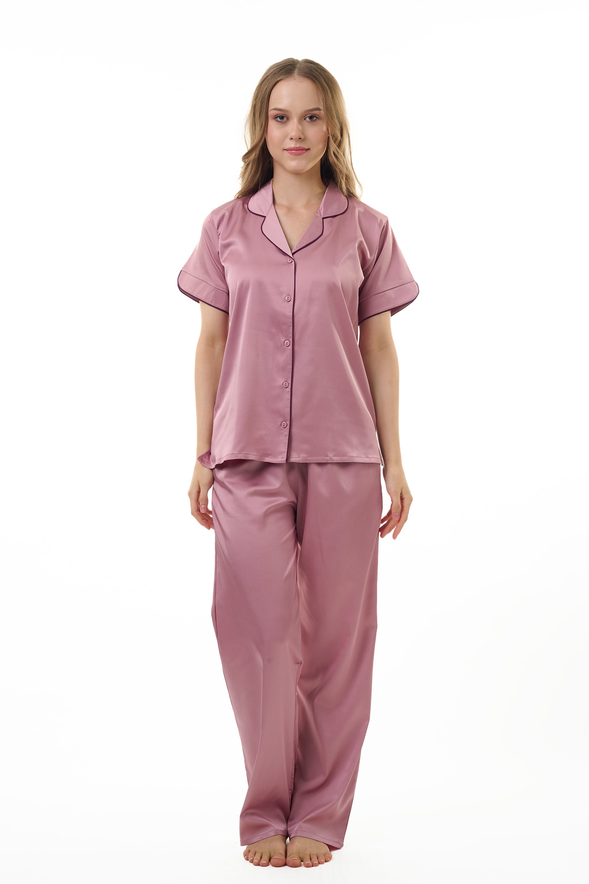 ANGELS NIGHTWEAR-AC2SAPLAIN Short sleeve satin night suit with lounge pants