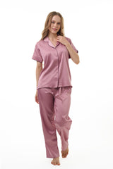 ANGELS NIGHTWEAR-AC2SAPLAIN Blush Short sleeve satin night suit with lounge pants