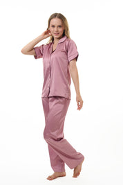 ANGELS NIGHTWEAR-AC2SAPLAIN Short sleeve satin night suit with lounge pants