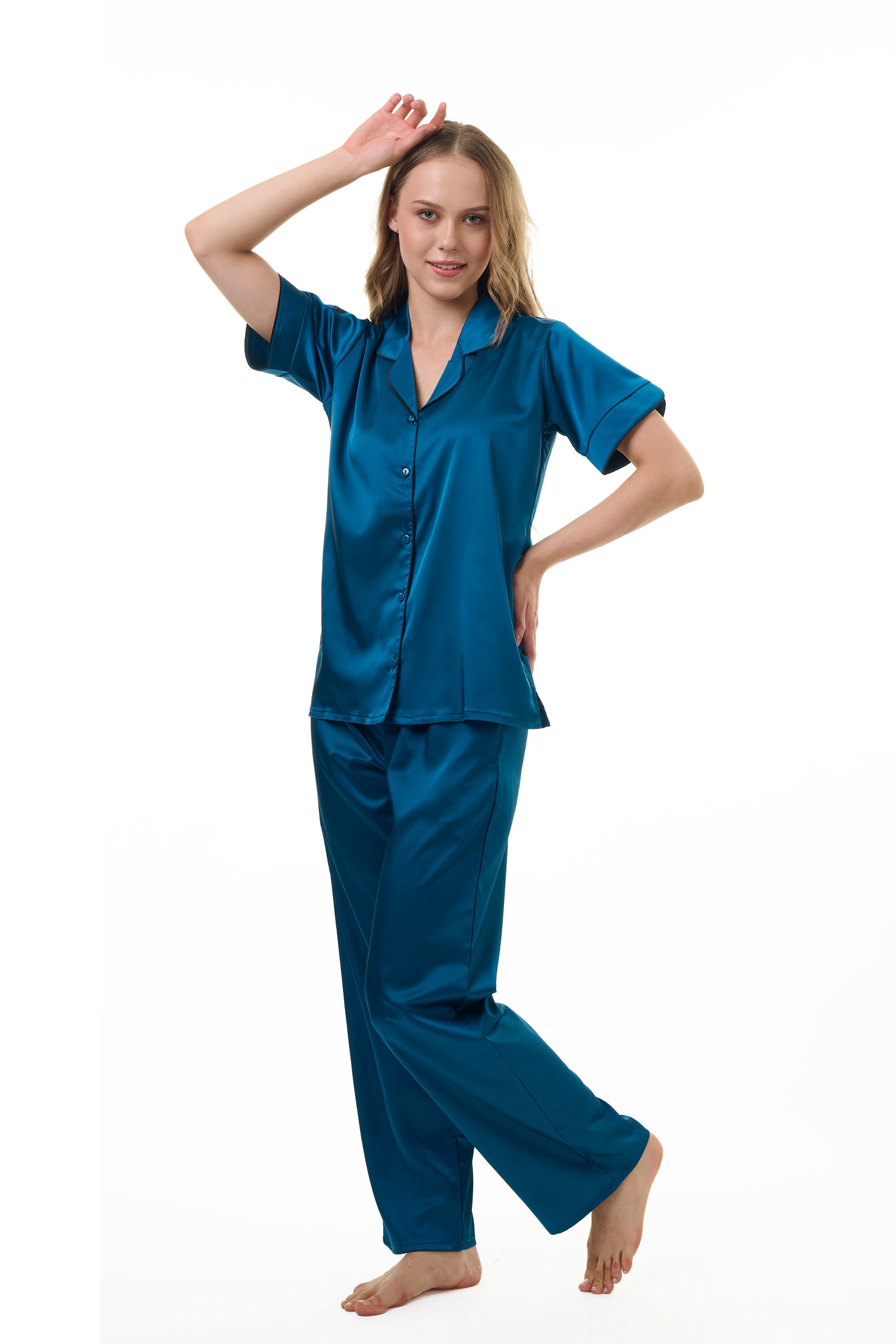 ANGELS NIGHTWEAR-AC2SAPLAIN Short sleeve satin night suit with lounge pants