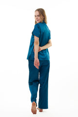 ANGELS NIGHTWEAR-AC2SAPLAIN Teal Short sleeve satin night suit with lounge pants