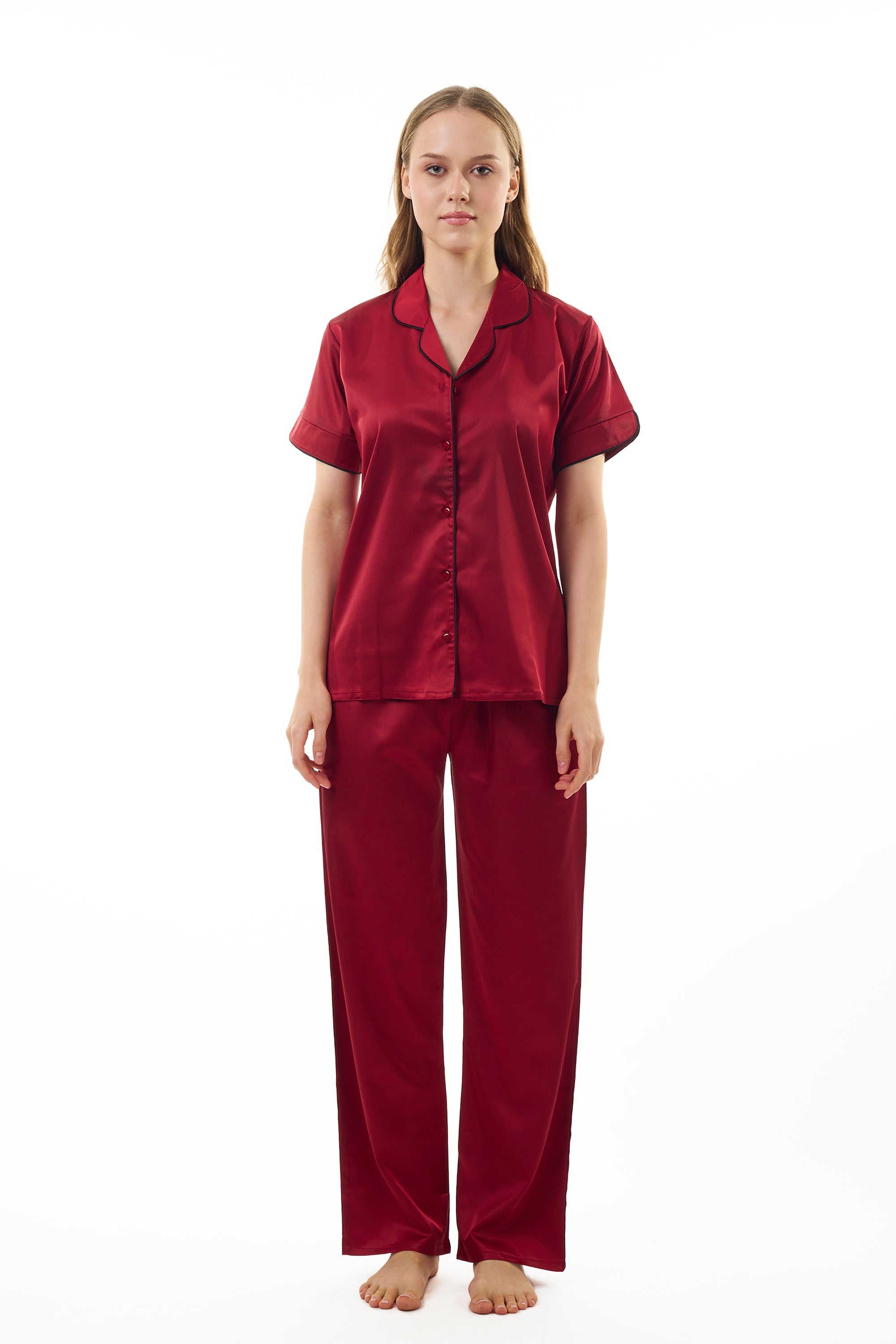 ANGELS NIGHTWEAR-AC2SAPLAIN Short sleeve satin night suit with lounge pants