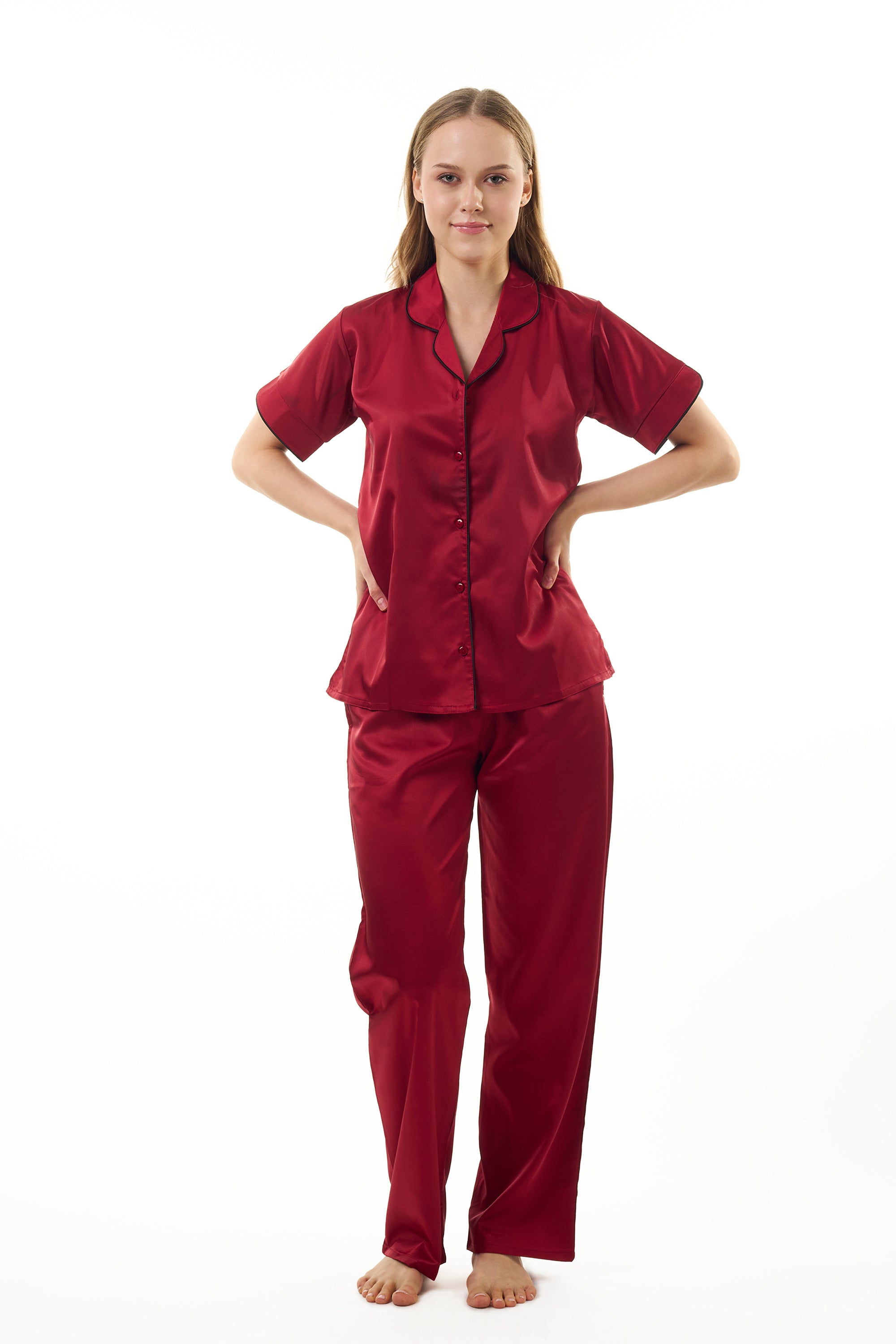 ANGELS NIGHTWEAR-AC2SAPLAIN Short sleeve satin night suit with lounge pants