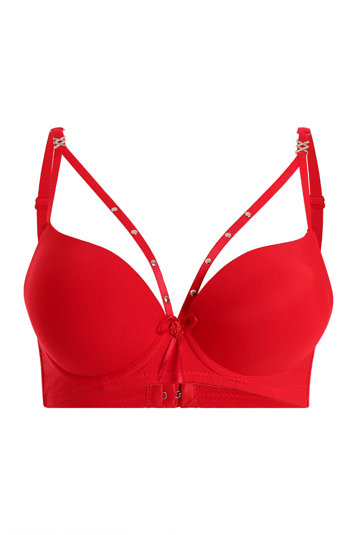 AXTZH Strappy Plunge Bra with Underwire Support and Statement Front Detailing AB2802-RED-DP201