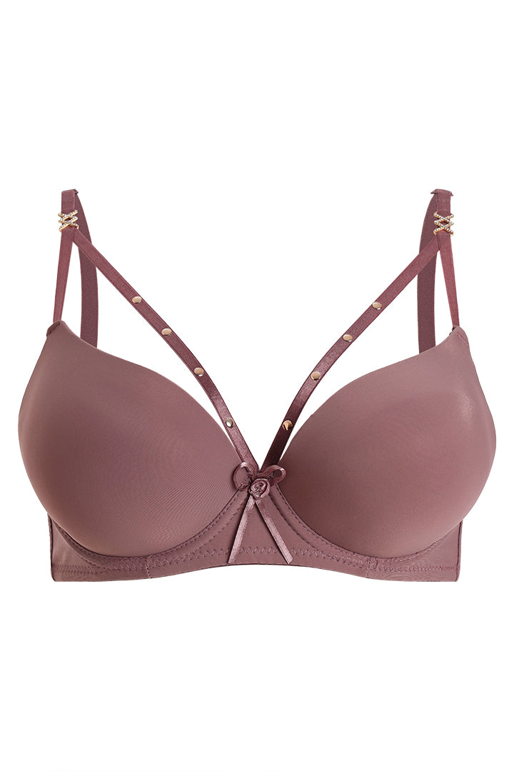 AXTZH Strappy Plunge Bra with Underwire Support and Statement Front Detailing AB2802-MAUVE-DP201